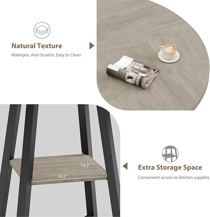 GAOMON Industrial Round Dining Table, 47 Inch Round Kitchen Table for 4, Dinner Table with Wooden Top and Metal Base for Dining Room, Living Room (Grey, 47.2 in w/Storage)