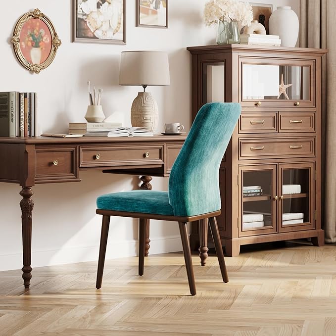 Modern Dining Chairs Set of 4, Upholstered Kitchen Chairs with High Back, Padded Fabric Dining Room Chair with Solid Wood Legs for Restaurant/Cafe/Home, Green