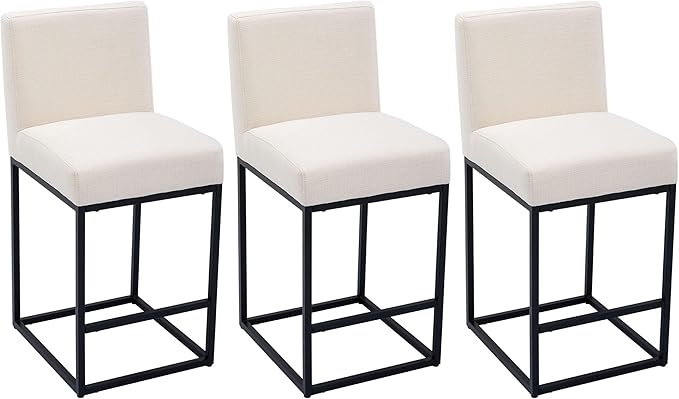 VESCASA 27" Counter Height Bar Stools with Padded Back, Modern Upholstered Counter Stool Chairs with Black Metal Frame for Kitchen Island, Set of 3, Linen Cream