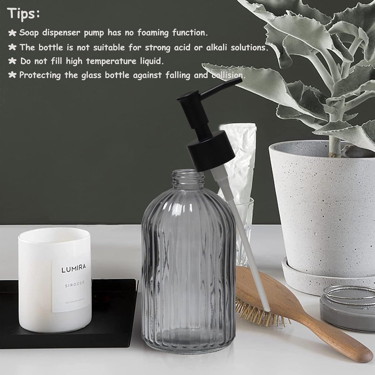 Gray Glass Soap Dispenser Set with Black Pump, 13.5oz Refillable Liquid Hand Soap Dispenser, Lotion Dish Soap Dispenser for Modern Home Decor, Bathroom, Kitchen Countertop, Hotel(2 Pack)