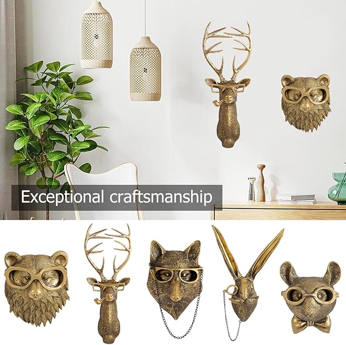 GUASDIE Animal Heads Wall Decor, Faux Deer Head Mount, Animal Sculptures Wall Decor, Resin Animal Head Wall Hanging Decoration for Living Room Bedroom Kitchen Gift,5pcs, 1587574779-65291236