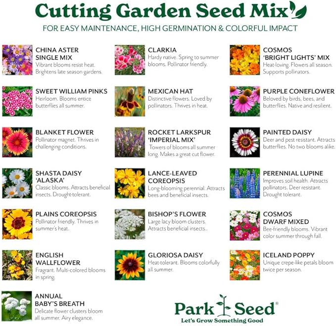 Park Seed Grow Your Own Vibrant Annual and Perennial Wildflower Garden Seeds Mixture, Easy to Grow Varieties for Pollinators and Spring Gardens - Cutting Garden Mix, 1 lb