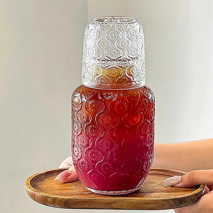 Vintage Bedside Water Carafe and Glass Set for Bedroom Nightstand, Bedside, Ticked Glass Mouthwash Decanter for Bathroom, Water Pitcher Set 18.5 oz