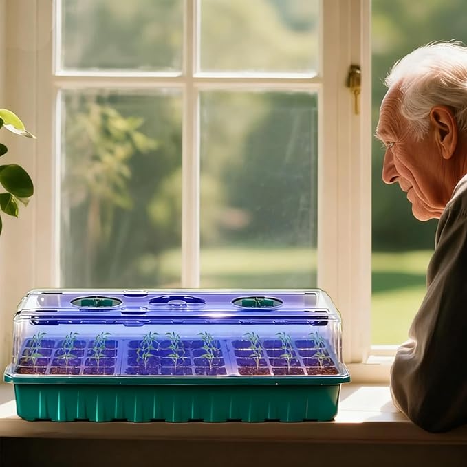 Seed Starter Tray with Grow Light, 2 Pack 72 Cells Seed Starter Kit with Humidity Dome, Indoor Seedling Starter Tray, Adjustable Brightness Plant Germination Trays