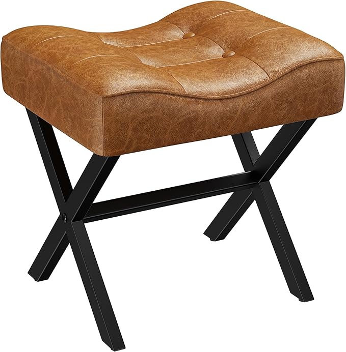18-Inch Large Leather Vanity Stool, Vanity Chair with Metal X-Leg, Ottoman Accent Stool with Thick Padded Saddle Seat, Brown