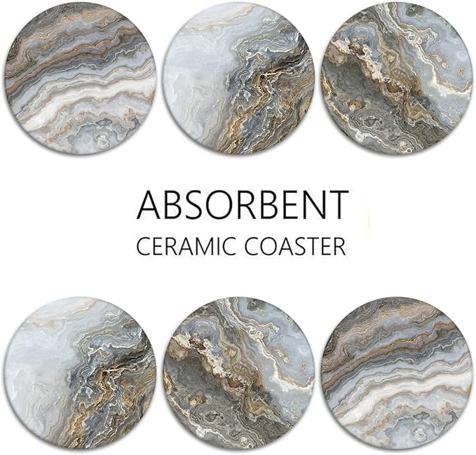 Britimes Coaster for Drinks Set of 6, Grey Marble Golden Stone Agate Table Absorbent Round Ceramic Stone Mat, with Cork Base and Metal Holder, Gift for Housewarming Room Bar Decor