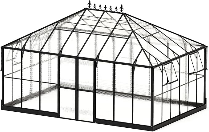 Jocisland 16x12x9.5 FT Polycarbonate Greenhouse- 6 FT Wall Height Outdoor Aluminum Greenhouses with 2 Ventilation and Rain Gutter, Double Doors with Hook, Walk-in Greenhouse for Backyard Garden