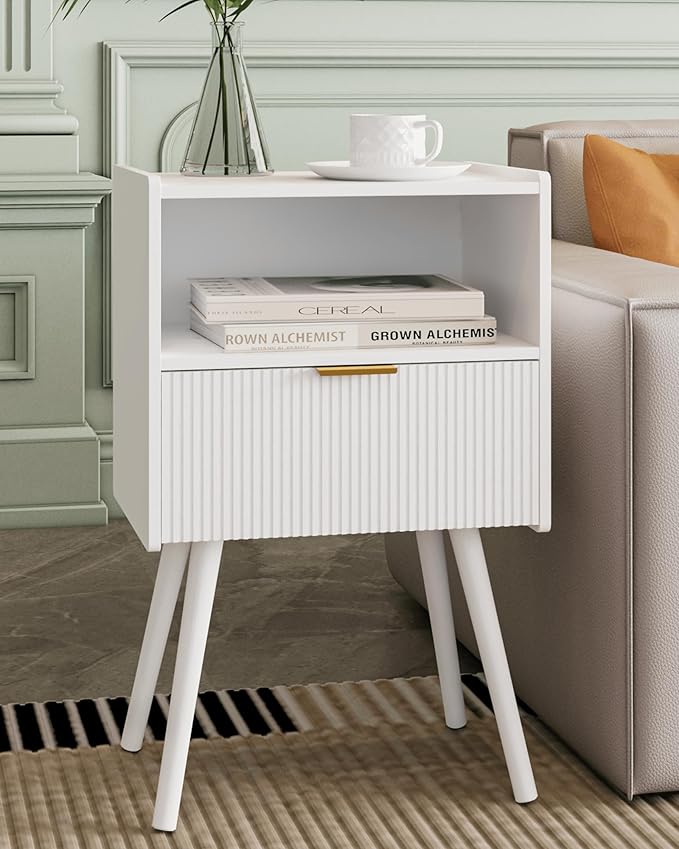 Nightstand,Modern Bedside Table with Storage Drawer and Open Wood Shelf, Accent Night Stand with Solid Wood Legs for Living Room, Bedroom and Small Spaces,Easy Assembly (White)