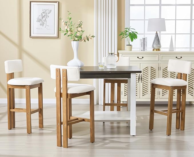 Upholstered Farmhouse Bar Height Bar Stools Set of 2 White Chenille Barstools with Back/Solid Wood Legs, Modern Tall Bar Chairs for Kitchen Island/Home Bar/Pub, 30 Inch