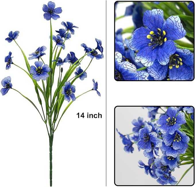 Artificial Flowers 15 Bunches Outdoor UV Resistant Faux Flowers Plastic Fabric Greenery Plants for Hanging Planter Kitchen Home Wedding Office Garden Decoration (Blue, Spring Grass)