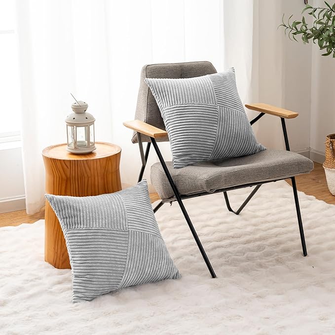 Decorative Throw Pillow Covers 16x16 Inch Set of 2 for Boho Living Room Farmhouse Home Decor, Spring Pillow Covers for Couch Bed, Soft Corduroy Striped Patchwork Cushion Cases, Light Gray