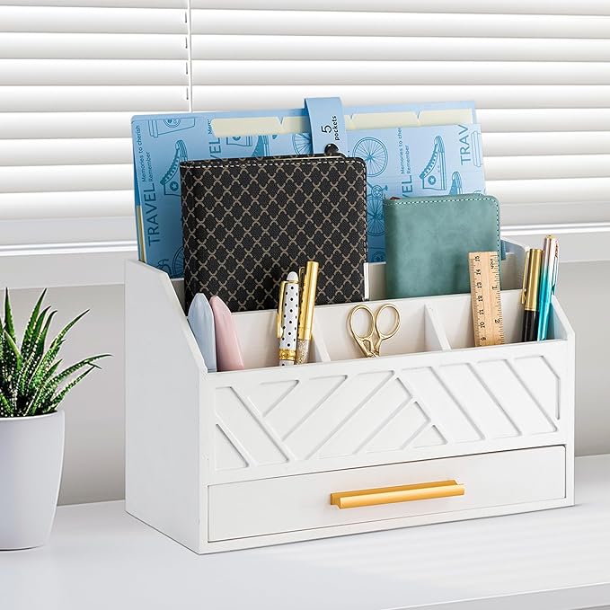 white Wood Desk Organizer and Accessories with Drawer, Bill Mail Organizer and File Mail Holder for Office Supplies, Modern Desk Accessories & Workspace Organizers for Desk Organization