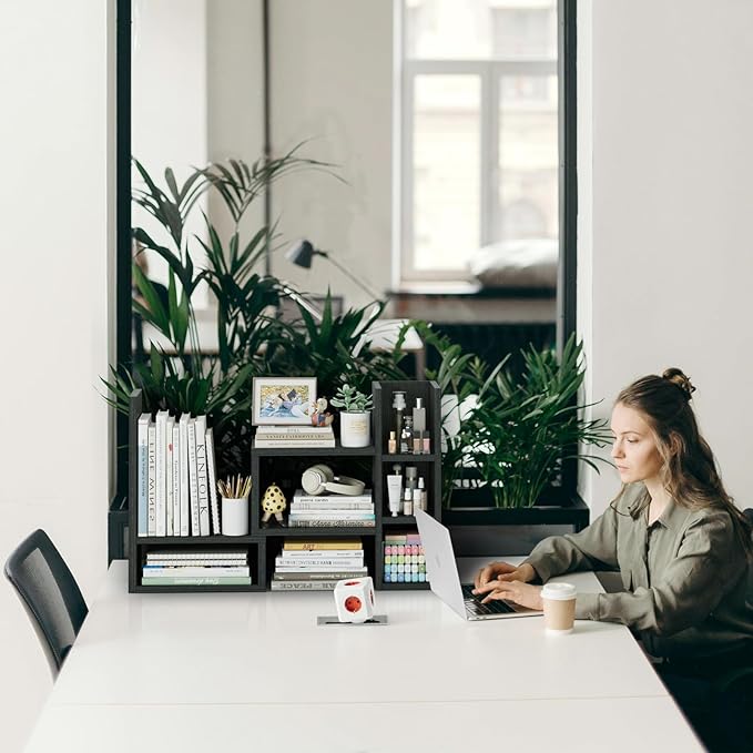 Desk Shelves Desktop Orgnizer Shlef - Black Office Organization for Top of Desk Organizers and Accessories Corner Bookshelf Table Top Shelving Small Hutch Decorations for Office