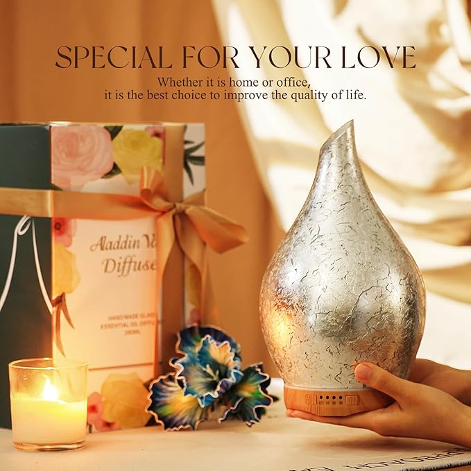 Porseme 280ml Essential Oil Diffuser, 3D Glass Aromatherapy Diffusor, Ultrasonic Cool Mist BPA Free Aroma Humidifier with Timer and Color Changing Function, Waterless Shut-Off for Home Office Room