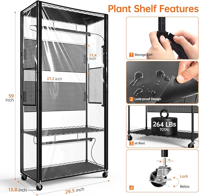 Bstrip Indoor Greenhouse with Grow Light & Pegboard, Mini Green House with Adjustable Rack and Wheels, 4 x 24W Full Spectrum Grow Light Strip for Foliage Plants, Seedling, 29.5"x13.8"x59"