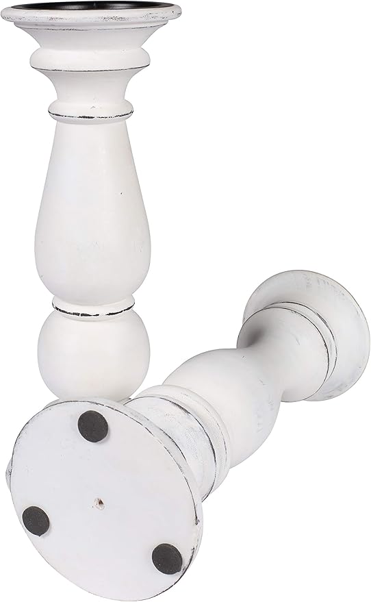 Set of 2 Tall Wooden Candle Holders (12"x4.5") in Rustic Antique White Finish. Perfect for Farmhouse Decor, Mantle, or Table Centerpiece. Holds Pillar Candles. Stylish, Sturdy, and Timeless Charm