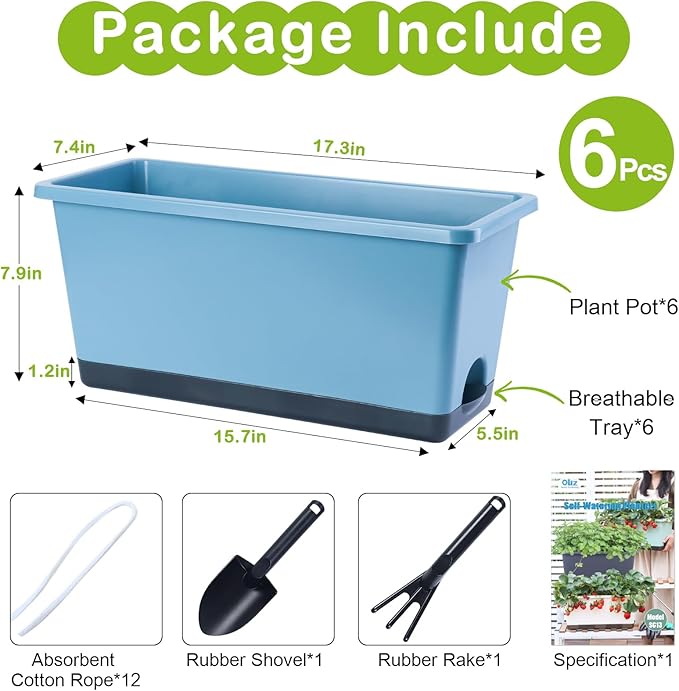 Window Box Planter 6 Pcs, 17 Inches Rectangle Flower Pots with Drainage Holes and Trays, Vegetable Planters for Windowsill Patio Garden Balcony Indoor Outdoor (Blue, 17 * 7.4 * 7.8 inch)