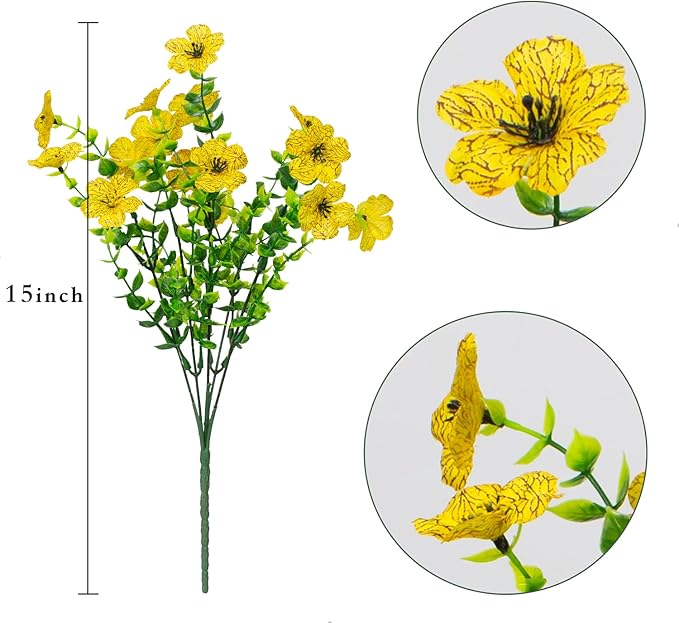 16 Bundles Artificial Flowers Outdoor Spring Summer Decoration Fake Silk Colorful Daisy Eucalyptus Realistic UV Resistant Outside Faux Plants for Garden Porch Window Box Home Decor(Yellow)