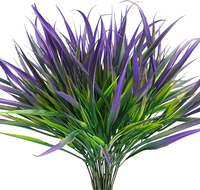 Uieke 28 Bundles Artificial Outdoor Plants UV Resistant Fake Grass Plants Faux Plastic Plants Greenery Shrubs for Home Garden Pathway Window Box Front Porch Cemetery Spring Summer Decor, Purple