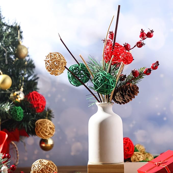 Patelai 36 Pcs Wicker Rattan Balls Decorative Balls for Vase Centerpiece Bowls Orbs Filler for Home Decor,4 Sizes(Red, Green, Gold)