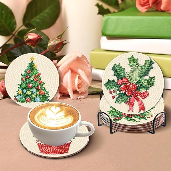 eniref 8 Pcs Christmas Diamond Art Coasters Kits with Holder, Chirstmas Bell Candy Candle Diamond Pinting Coasters Acrylic Cup Coaster with Cork Pads for Tabletop Protection 10×10 CM