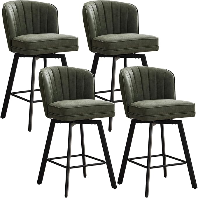 Swivel Counter Height Bar Stools Set of 4, 26'' Modern Barstools with Backs and Metal Legs, Upholstered Bar Chairs, Faux Leather Green Stools for Kitchen Island Chairs
