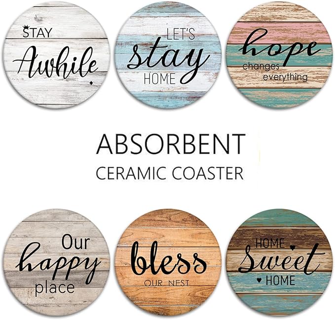 Britimes Coaster for Drinks Set of 6, Wooden Planks Wood Paint Table Absorbent Round Ceramic Stone Mat, with Cork Base and Metal Holder, Gift for Housewarming Room Bar Decor