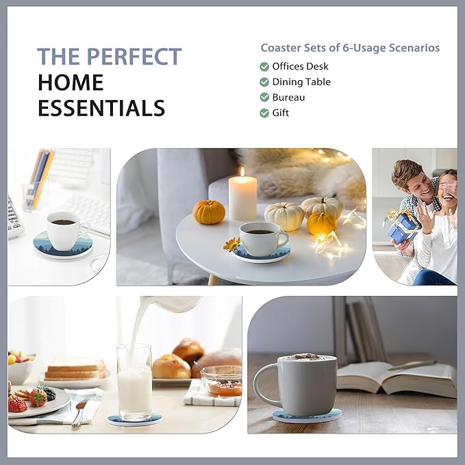 Drink Coasters Set of 6 with Holder,Misty Forest Mountains and Birds Absorbent Ceramic Coasters with Cork Base,Fit All Cups,Tabletop Protection Mat for Mugs and Cups,Office,Kitchen