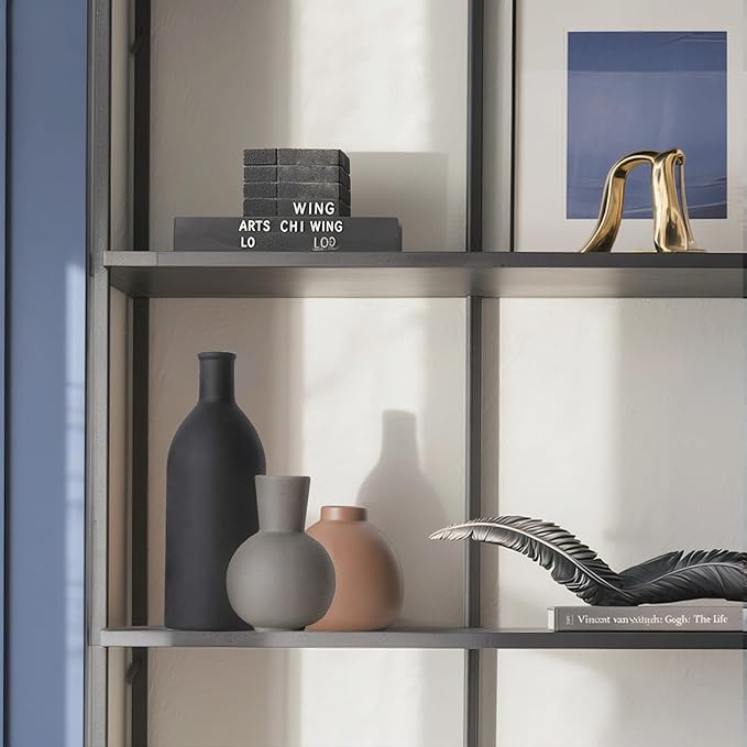 Ceramic Flower Vase Set of 3, Home Decor Vases for Centerpieces, Tulips Flowers Pampas Grass Decor, Boho Rustic Farmhouse Kitchen Bedroom Bathroom Living Room Office Wall Decor Aesthetic -Black