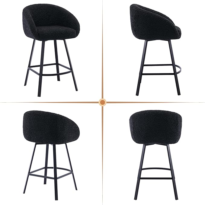 Zesthouse 26'' Modern Counter Height Bar Stools Set of 3, Swivel Barstools with Arms & Backs for Kitchen Counter, Upholstered Black Sherpa Fabric Bar Stools, Kitchen Island Chairs with Metal Legs