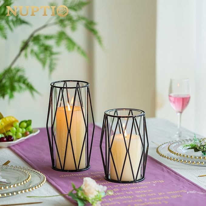 Nuptio Black Pillar Candle Holders - Glass Candles Holder with Geometric Metal Rack Stand for Wedding Birthday Party Centerpieces - Flower Vase Small Hurricane Vases for Office Living Room