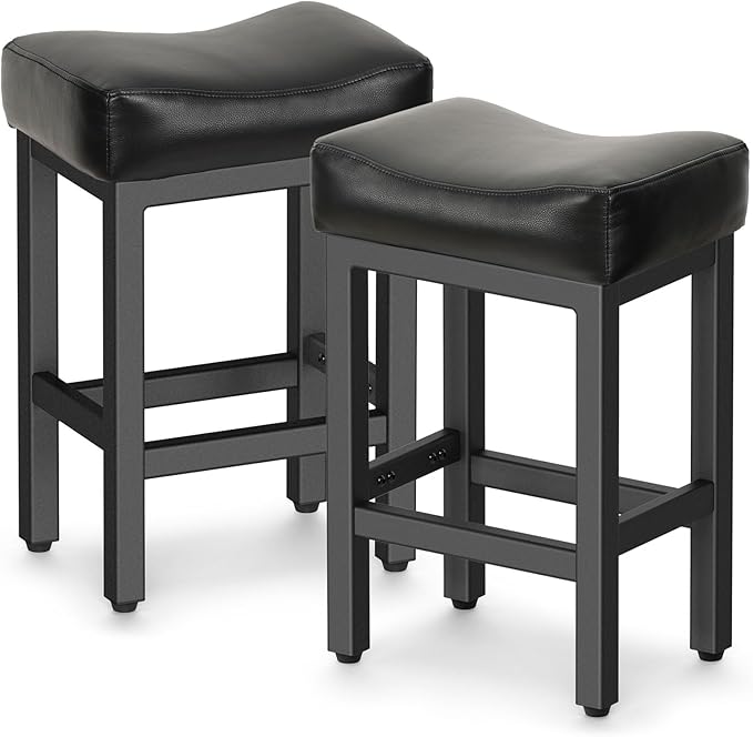 Counter Height Bar Stools Set of 2, 24 Inch Barstools for Kitchen Island Counter, Bonded Leather Kitchen Stools with Thick Saddle Seats & Heavy Duty Metal Base, Easy Assembly, All Black