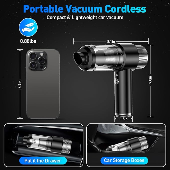 Mini Vacuum Cleaner, 16000PA Car Vacuum Cleaner Portable Cordless with LED Light, 4 in 1 Air Duster and Handheld Small Vacuum Rechargeable for Car, Home, Office, Pet(Black)