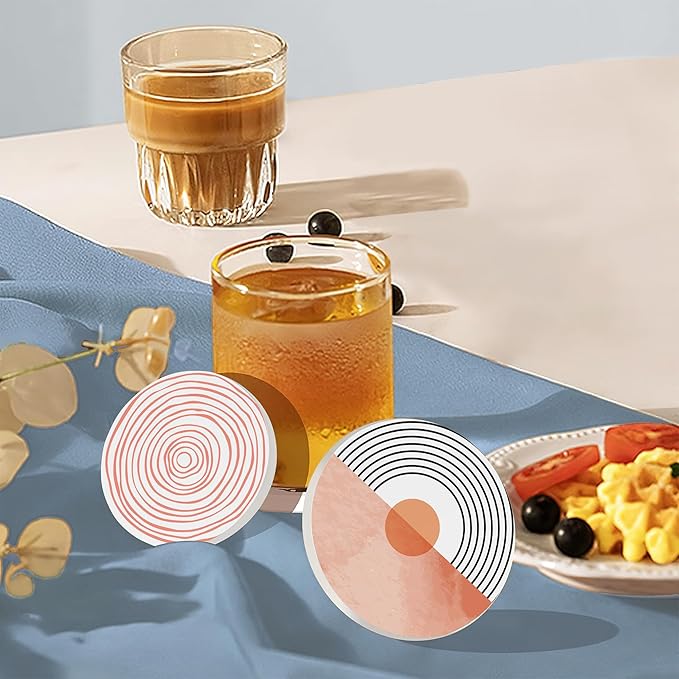 Table Coaster for Drinks Set of 6, Coral Watercolor Series Round Ceramic Coasters,with Cork Base and Metal Holder,Great Housewarming Birthday Gifts,Home Decor