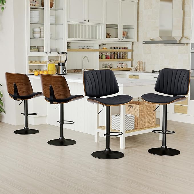 ECOTOUGE Swivel Bar Stools Set of 4, Adjustable Bentwood Barstools, 30 Inch Bar Stools for Kitchen Counter, Modern PU Leather Upholstered Bar Dining Chair with Back and Footrest, Black