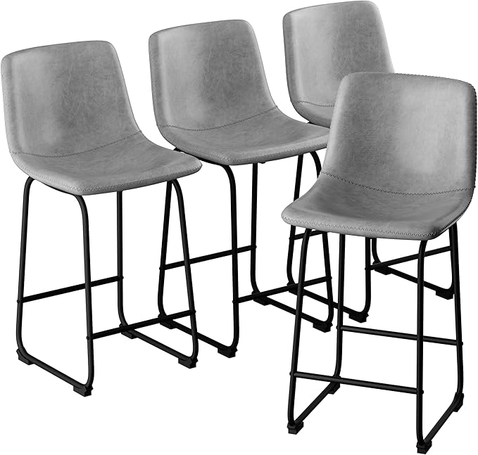 Bar Stools Set of 4, 26 Inches Counter Height Barstools with Back, Modern Faux Leather Bar Stool with Metal Legs and Footrest for Kitchens Island (Grey)