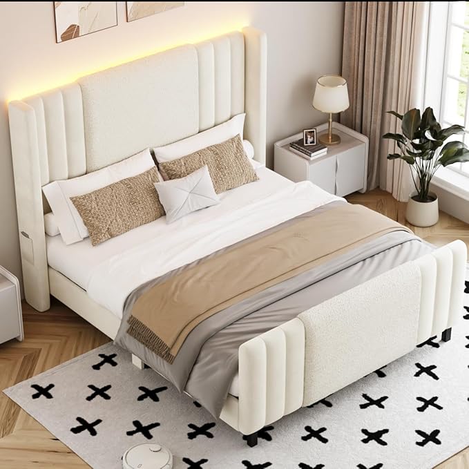 King Size Bed Frame with Tall Headboard and Footboard, Boucle and Velvet Upholstered Bed Frame King with LED Lights, Modern Platform Bed Frames, Noiseless, Easy Assembly, White