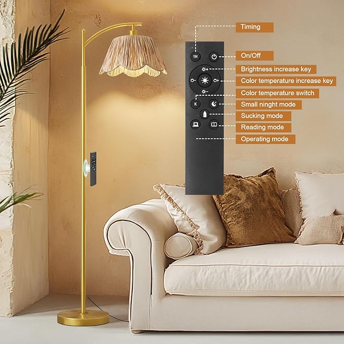 Oneach Boho Floor Lamp with 3 Color Temperatures, Farmhouse Floor Lamps for Living Room with Remote & Dimmable Bulb, Rattan Floor Lamp for Bedroom, Gold