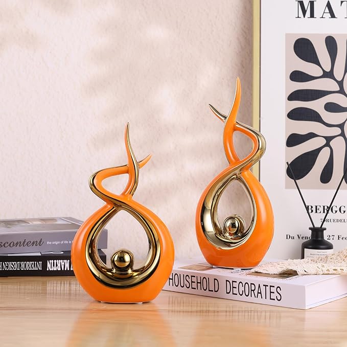 Gold Orange Modern Sculpture Table Decorations, Ceramic Knick Knacks Statues for Living Room Decor, Tv Stand and Desk Decor, Suitable for Coffee Tables and Shelf Decorations, Great Gift Idea