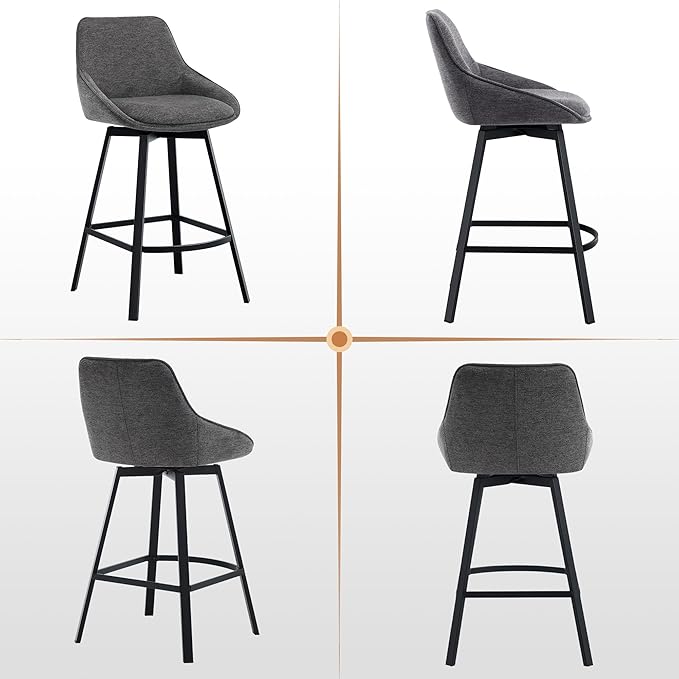 Zesthouse Swivel Bar Stools Set of 2, Modern Counter Height Barstools with Backs, 26'' Upholstered Linen Fabric High Chairs for Island Kitchen, Counter Height Chairs with Metal Legs, Dark Grey
