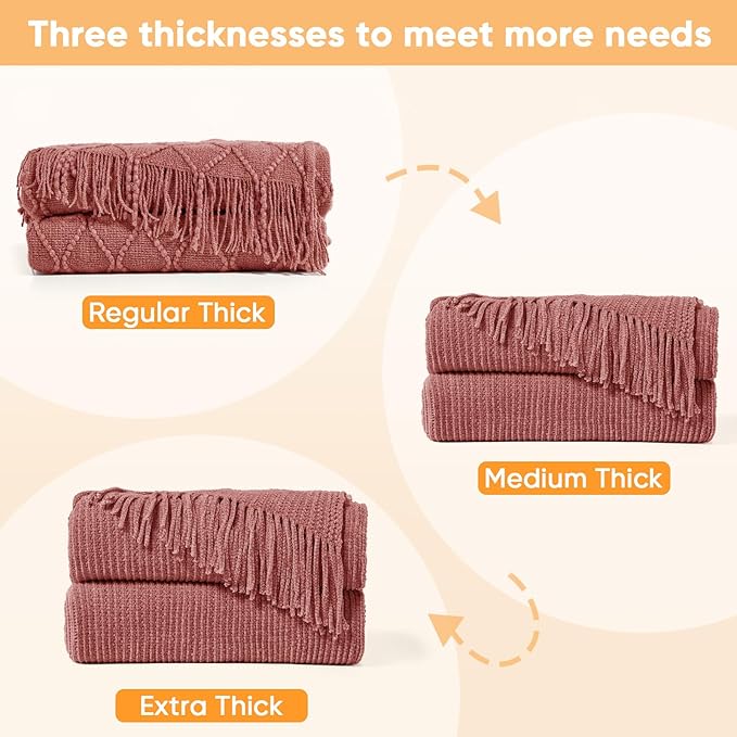 inhand Coral Pink Throw Blanket for Couch Bed,Chunky Chenille Woven Soft Warm Christmas Blankets Gifts for Women with Tassels, Cozy Boho Farmhouse Fall Winter Decor,50"x60",Medium Thick