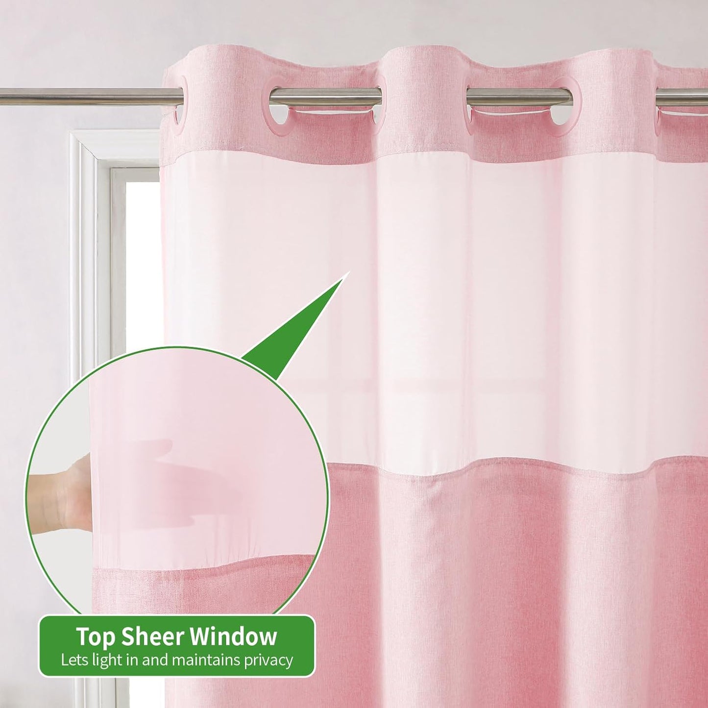 Extra Long No Hooks Needed Linen Textured Shower Curtain with Snap-in Fabric Liner Set,White Hotel Luxury Decor Shower Curtains for Bathroom,Waterproof & Washable,71Wx86H,Pink