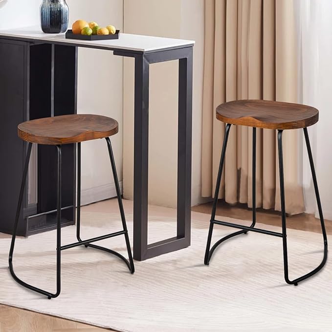 HeuGah Bar Stools Set of 4, Saddle Seat Bar Stools with Metal Legs, Rustic Backless Counter Height Stools, Industrial Counter Stools (Walnut, 26 Inch)