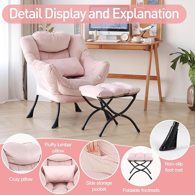Lazy Chair with Ottoman, Modern Accent Chair with Lumbar Pillow, Comfy Chairs with Folding Footrest for Bedroom, Reading, Oversized Supportive Lounge Chairs(Velvet Pink)