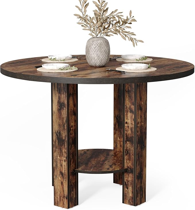 LITTLE TREE 39-Inch Round Dining Table for 4, Small Farmhouse Kitchen Dinner Table with Storage, 2-Tier Wooden Kitchen and Dining Room Furniture, Rustic Brown