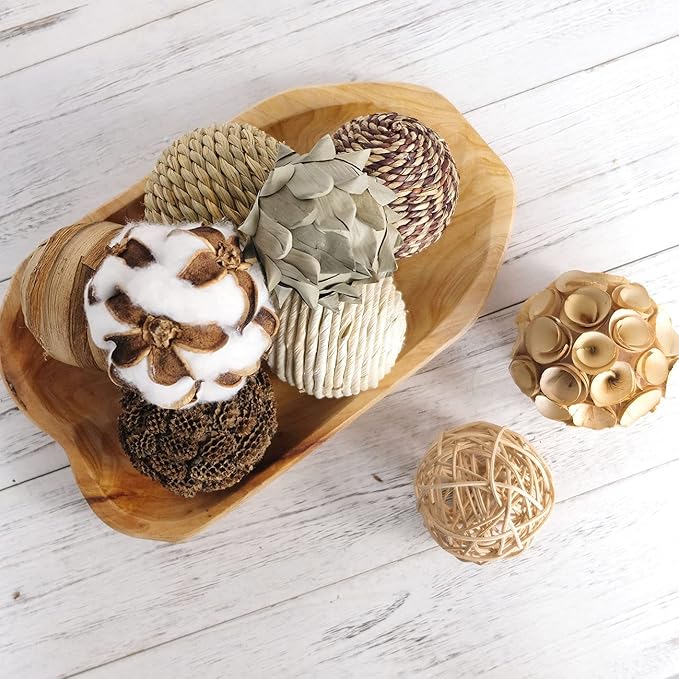 Decorative Balls Spherical Assorted 9pcs Brown White Orbs Rustic Natural Twig Rattan Woven Cotton Balls for Vase Bowl Filler Tabletop Decor Home Party Wedding Display
