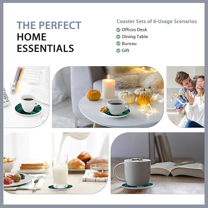 Drink Coasters Set of 6 with Holder,Tropical Palm Leaves Green Absorbent Ceramic Coasters with Cork Base,Fit All Cups,Tabletop Protection Mat for Mugs and Cups,Office,Kitchen