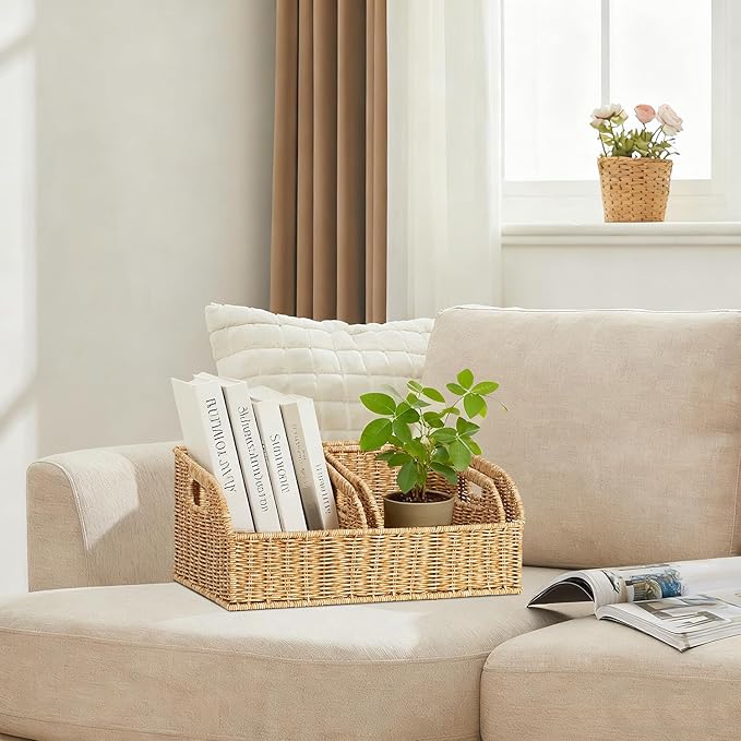 Wicker Baskets for Organizing,Pantry, Kitchen Counter with Handles, Handwoven Woven Storage Baskets for Fruit, Bread, Vegetable, Waterproof Plastic Storage Bins for Shelves, 3 Pack, Natural