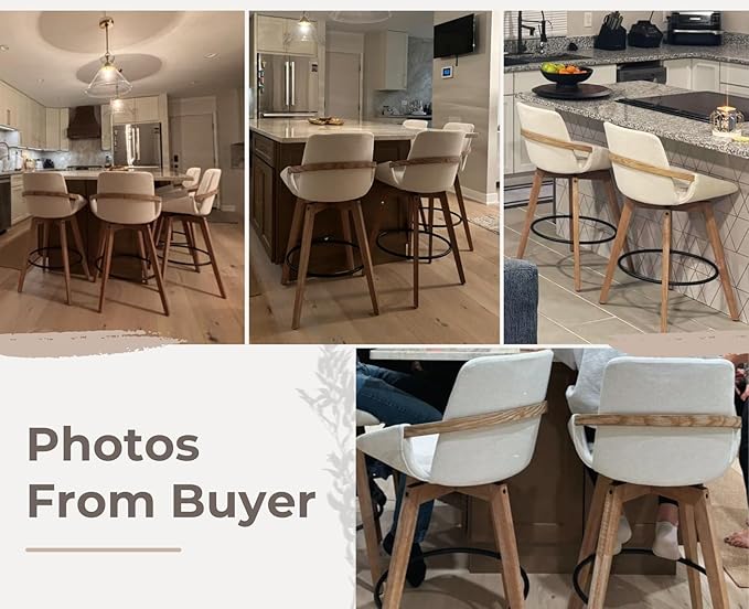 EALSON Swivel Counter Height Bar Stools Set of 4 Mid Century Modern Natural Wood Barstools with Back and Arms Comfortable Upholstered Counter Stools Linen Bar Chairs for Kitchen Island, Beige