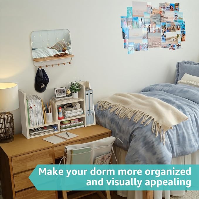 Desktop File Organizer Desk Organizer Shelf - Wooden Office Organization Shelves for Top of Desk Organizers and Accessories Corner Bookshelf Table Top Shelving Small Hutch Decorations for Women Office